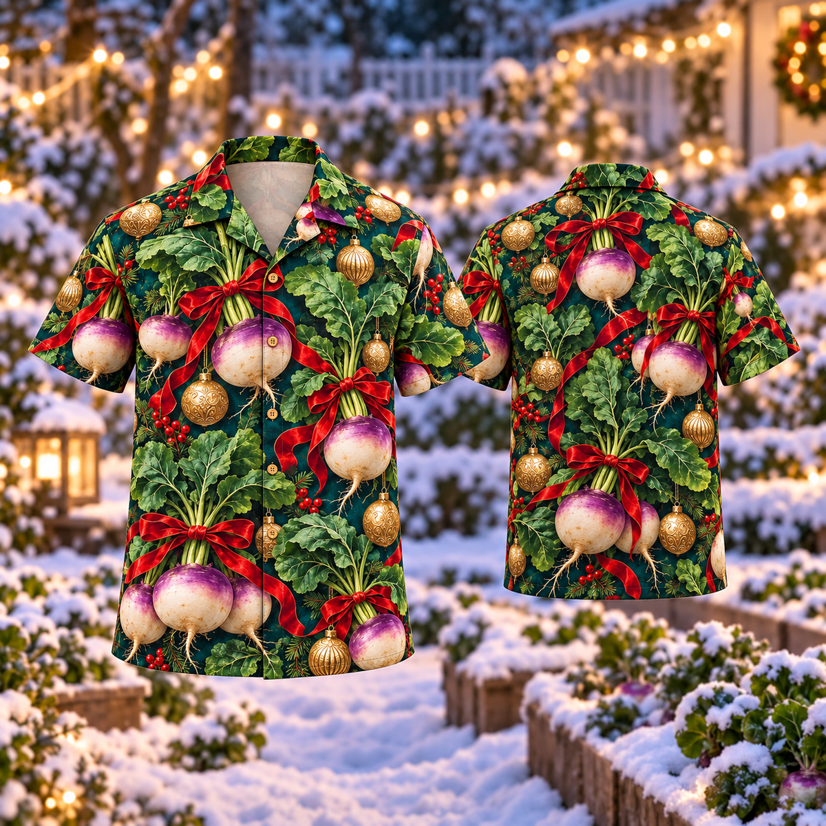 AlohaVero Christmas turnips Hawaiian shirt, front and back views