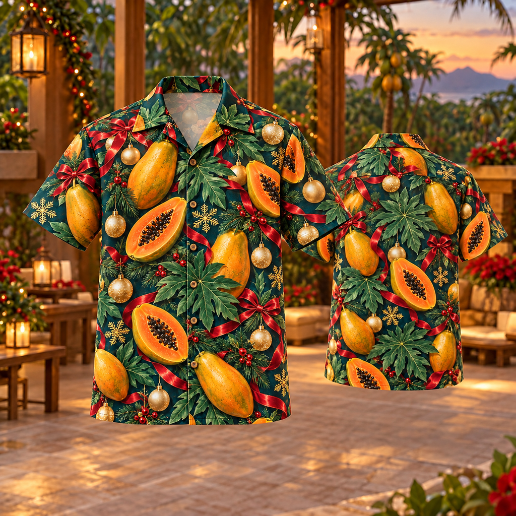 AlohaVero Christmas papayas Hawaiian shirt, front and back views