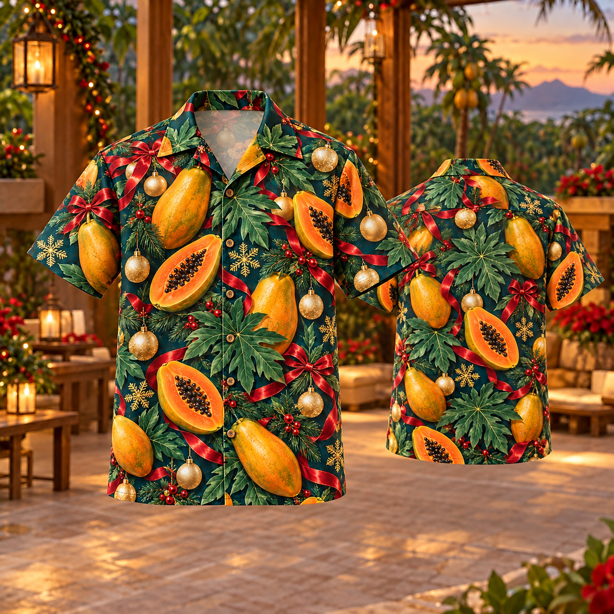 AlohaVero Christmas papayas Hawaiian shirt, front and back views