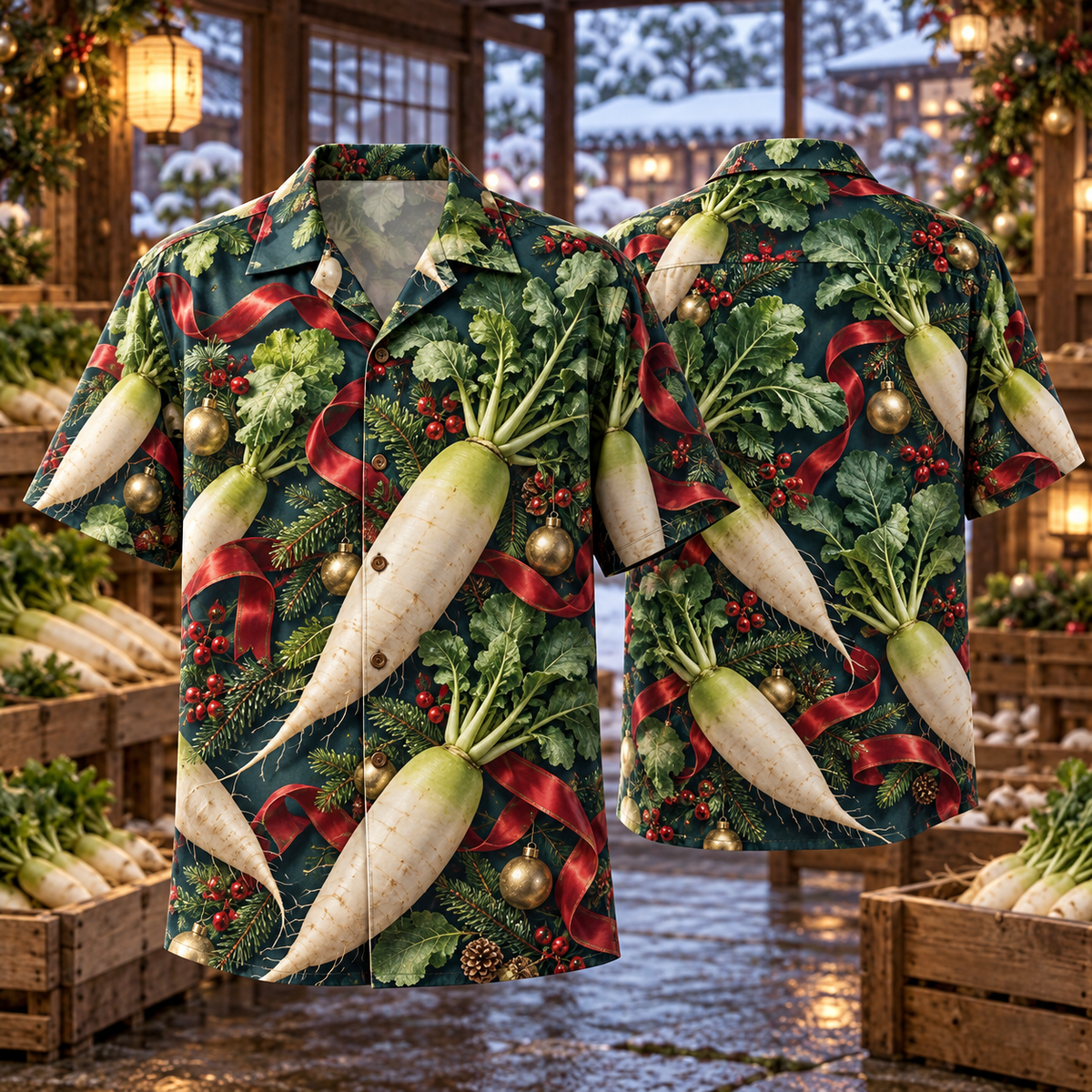 AlohaVero Christmas daikon Hawaiian shirt, front and back views