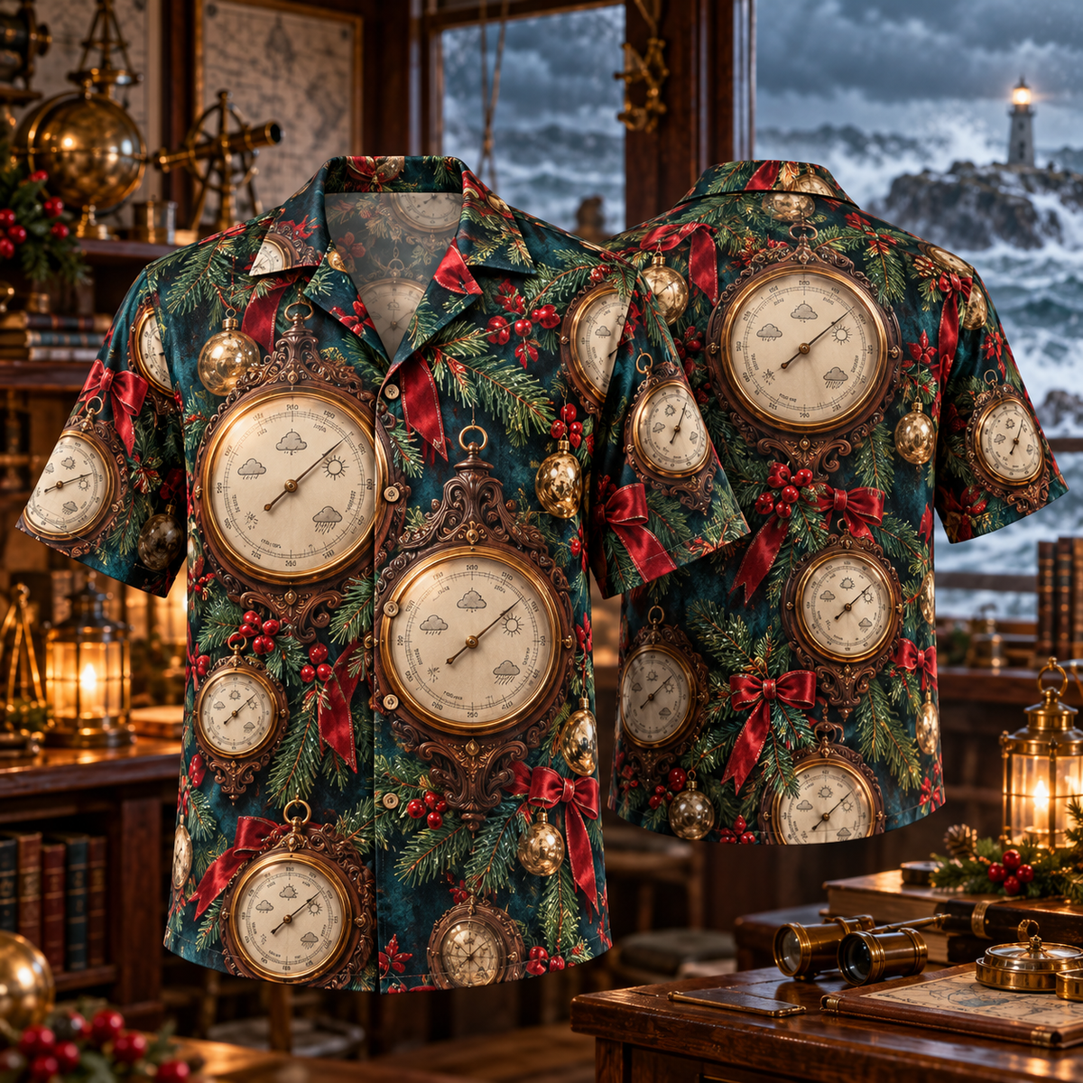 AlohaVero Christmas barometers Hawaiian shirt, front and back views