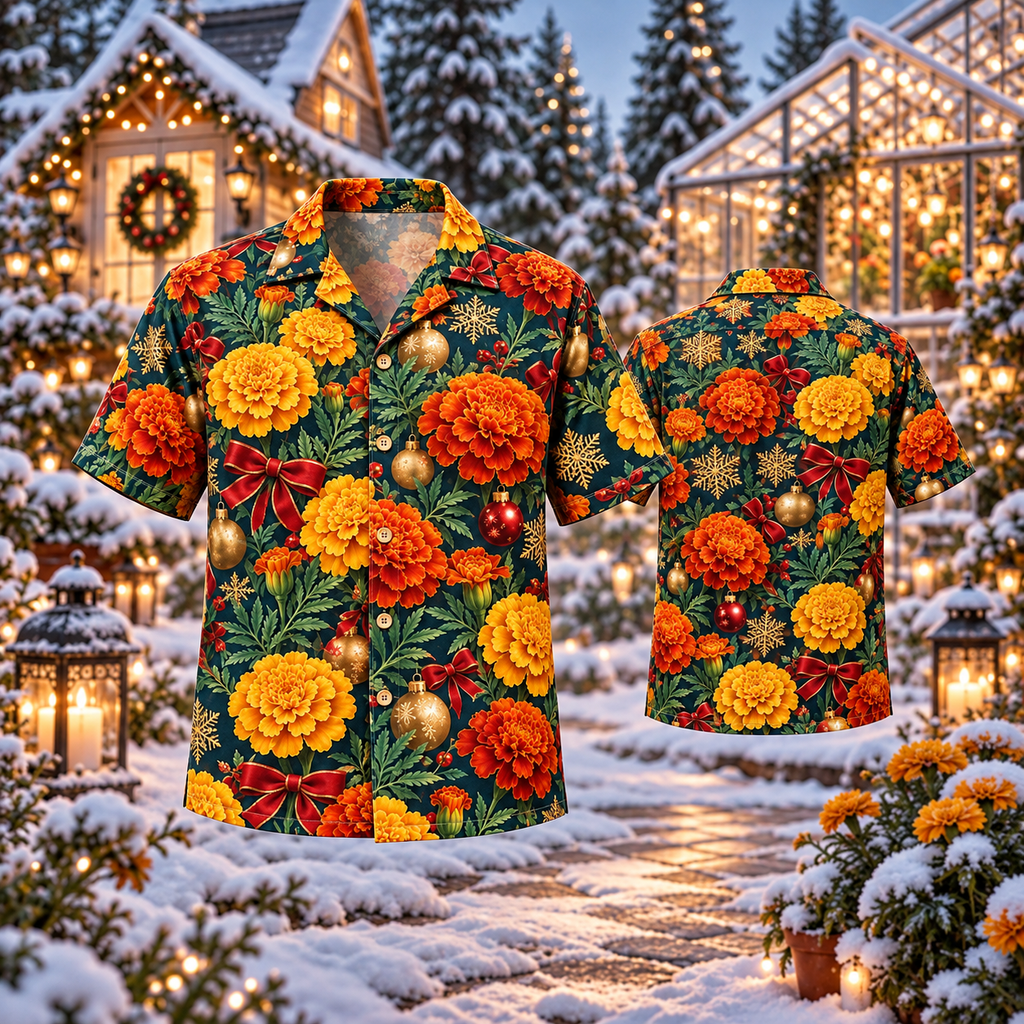 AlohaVero Christmas marigolds Hawaiian shirt, front and back views