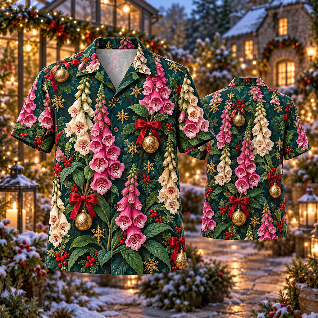 AlohaVero Christmas foxgloves Hawaiian shirt, front and back views