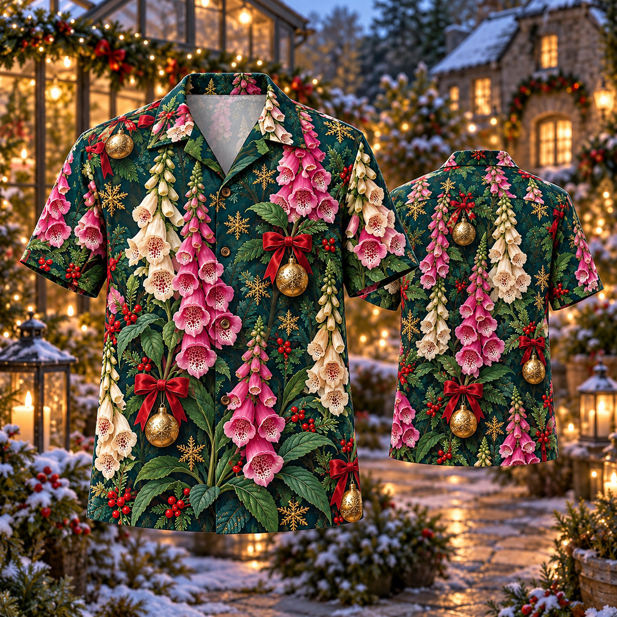 AlohaVero Christmas foxgloves Hawaiian shirt, front and back views