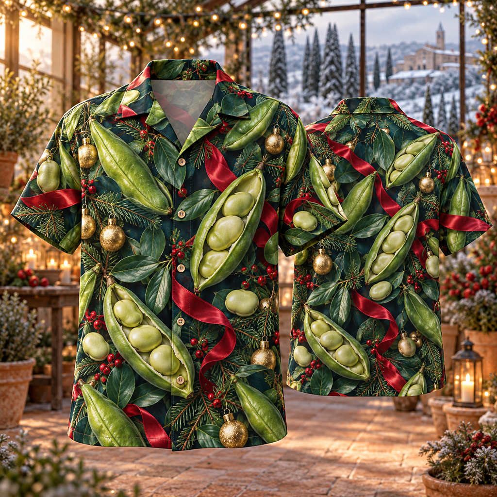 AlohaVero Christmas fava beans Hawaiian shirt, front and back views