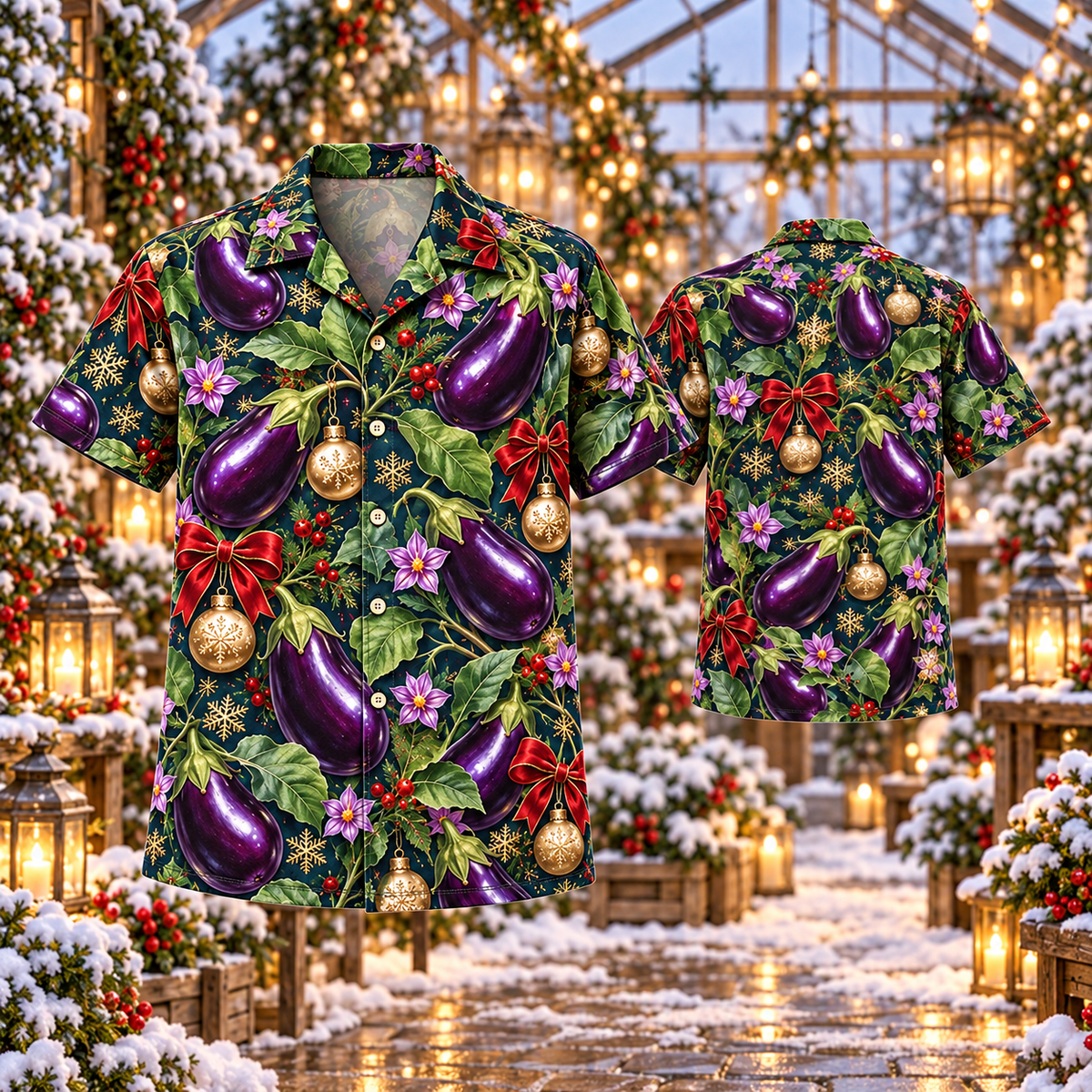 AlohaVero Christmas eggplants Hawaiian shirt, front and back views