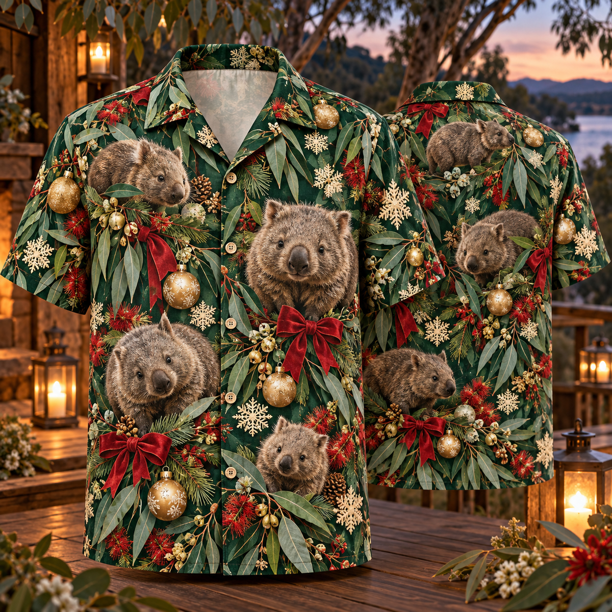 AlohaVero Christmas wombats Hawaiian shirt, front and back views