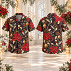 AlohaVero Christmas hummingbirds Hawaiian shirt, front and back views