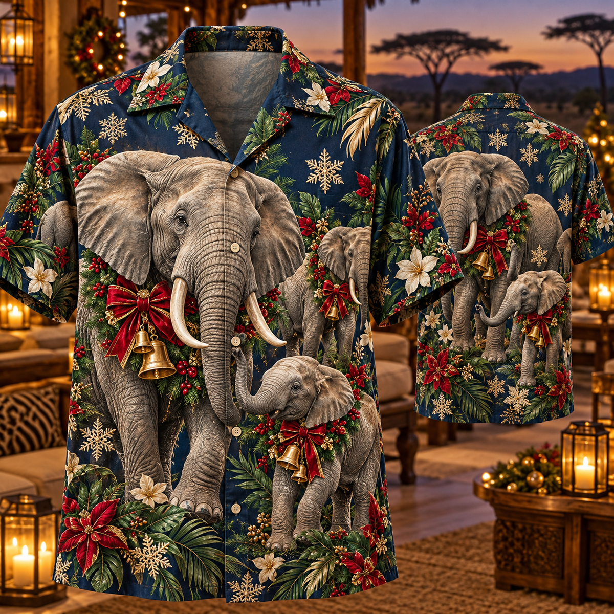 AlohaVero Christmas elephants Hawaiian shirt, front and back views