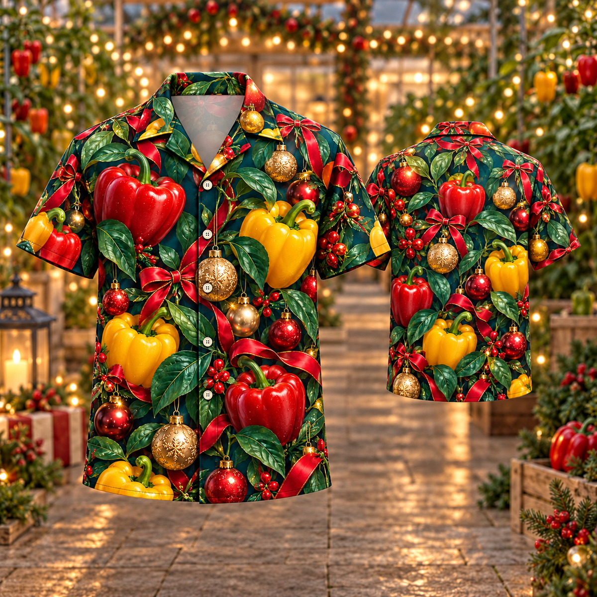 AlohaVero Christmas bell-peppers Hawaiian shirt, front and back views