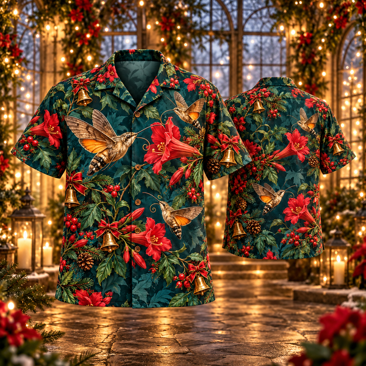 AlohaVero Christmas hummingbird moths Hawaiian shirt, front and back views