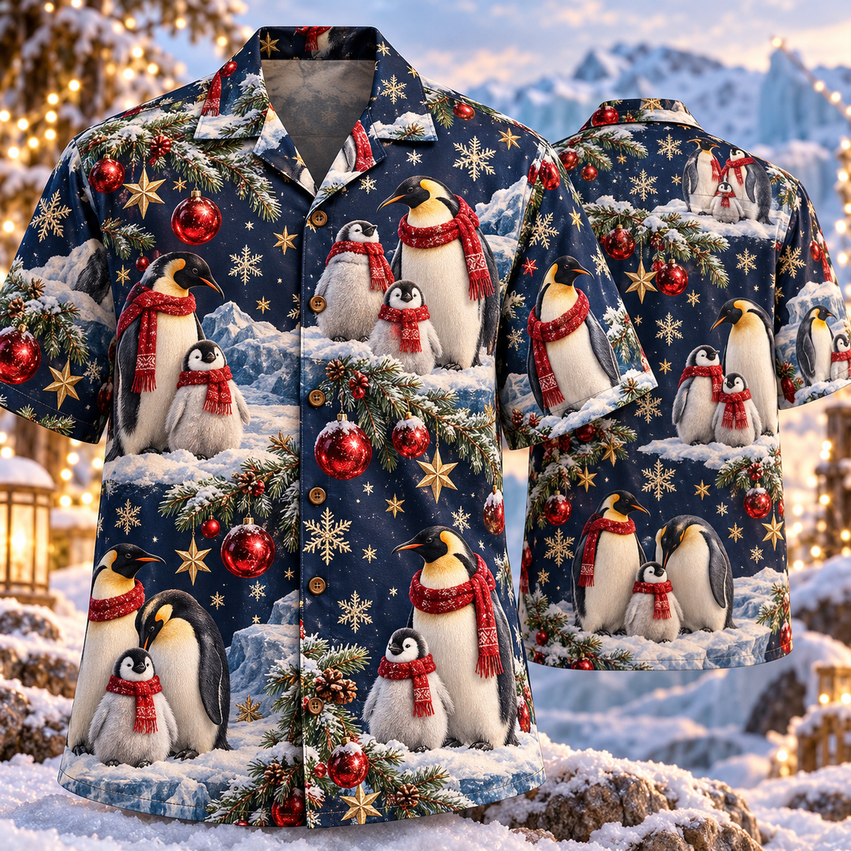 AlohaVero Christmas penguins Hawaiian shirt, front and back views