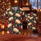 AlohaVero Christmas tambourines Hawaiian shirt, front and back views