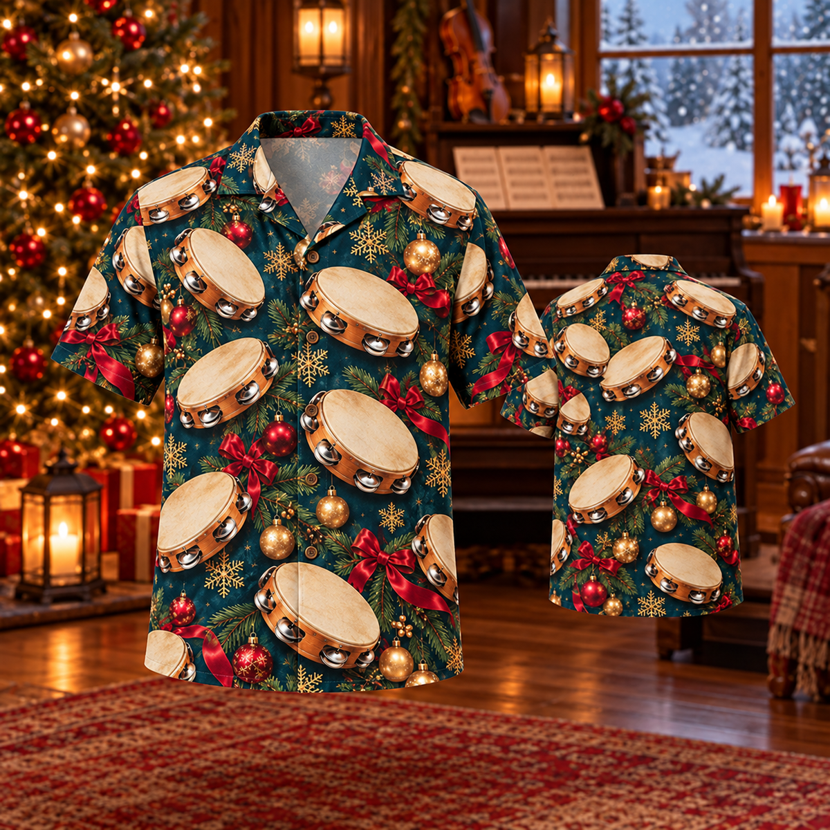 AlohaVero Christmas tambourines Hawaiian shirt, front and back views