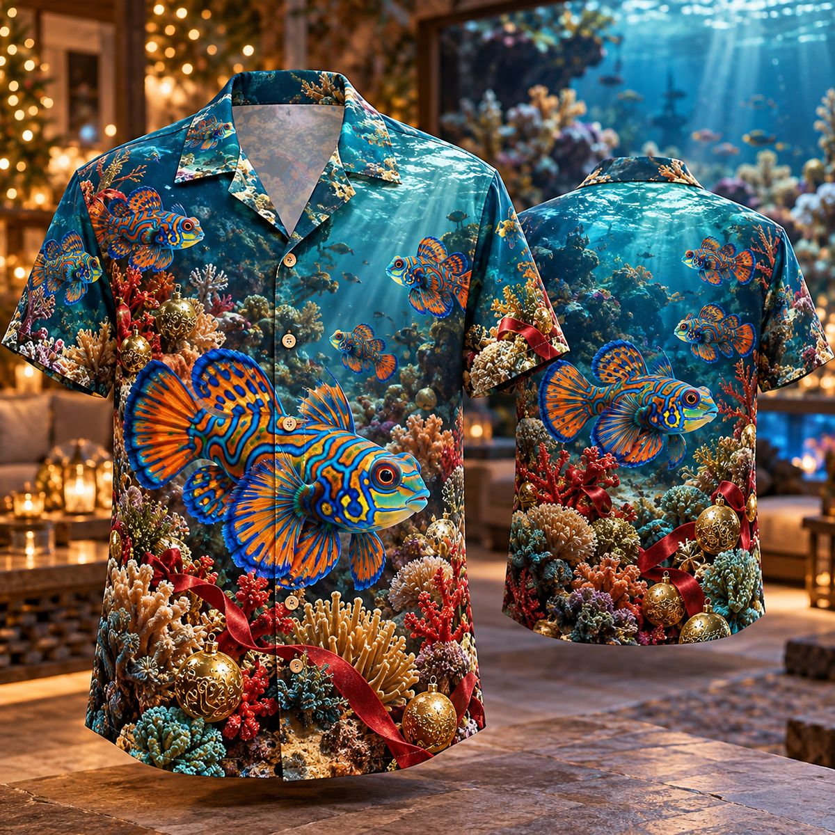 AlohaVero Christmas mandarin fish Hawaiian shirt, front and back views