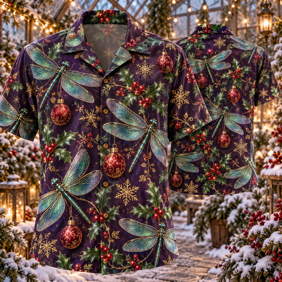 AlohaVero Christmas dragonflies Hawaiian shirt, front and back views