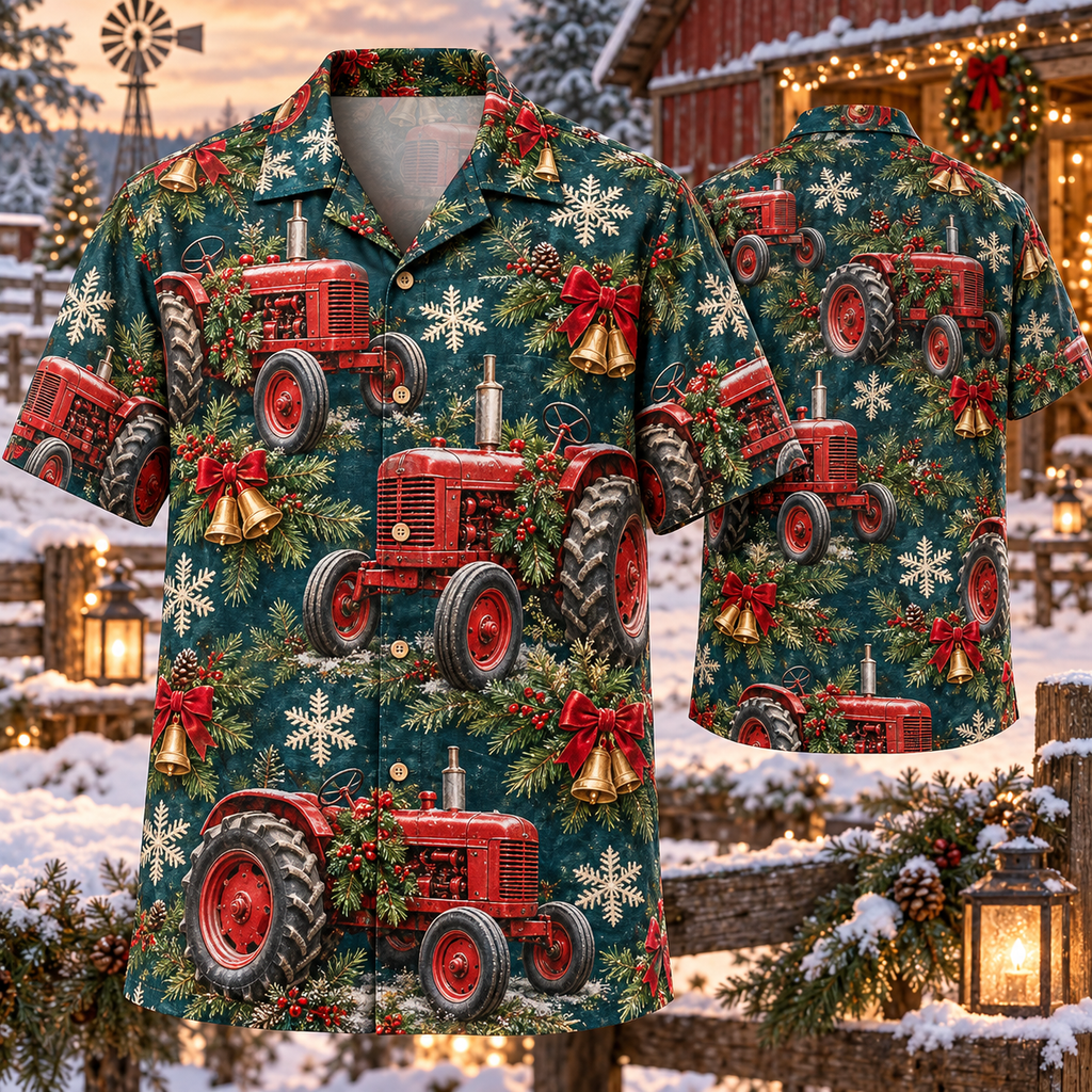 AlohaVero Christmas tractors Hawaiian shirt, front and back views