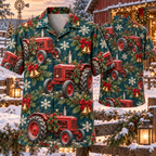 AlohaVero Christmas tractors Hawaiian shirt, front and back views