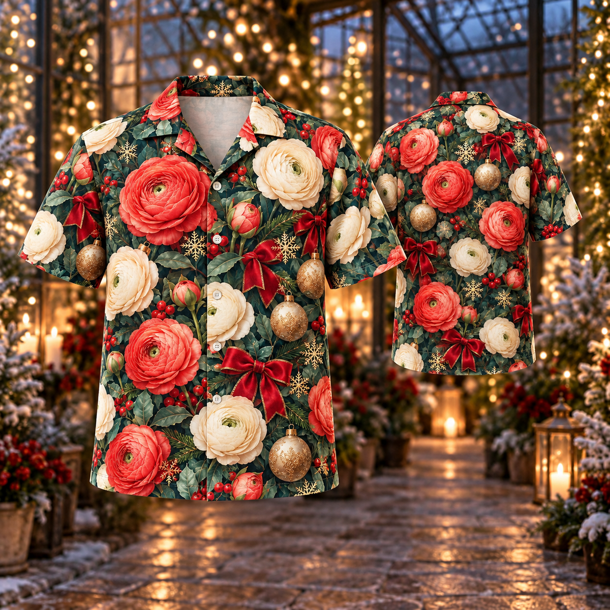 AlohaVero Christmas ranunculus Hawaiian shirt, front and back views