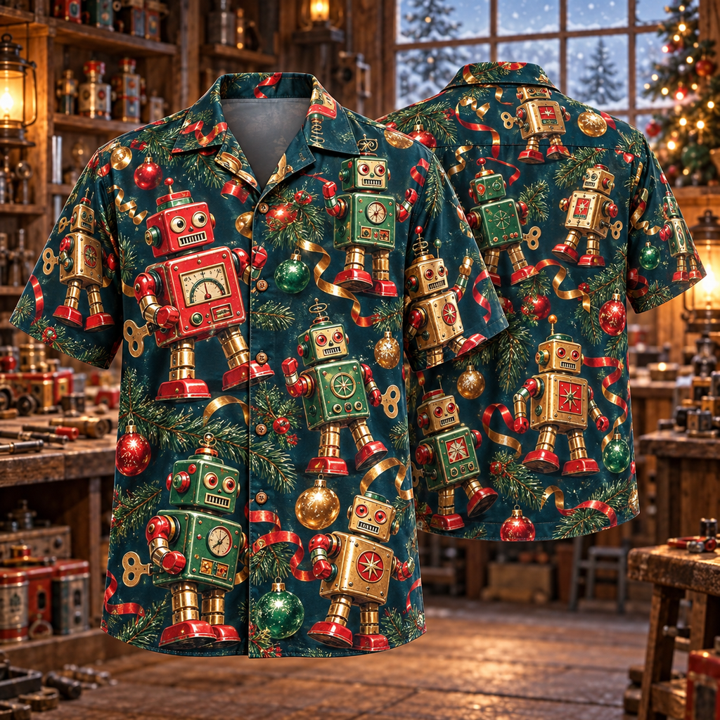 AlohaVero Christmas toy robots Hawaiian shirt, front and back views