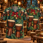 AlohaVero Christmas djembe Hawaiian shirt, front and back views