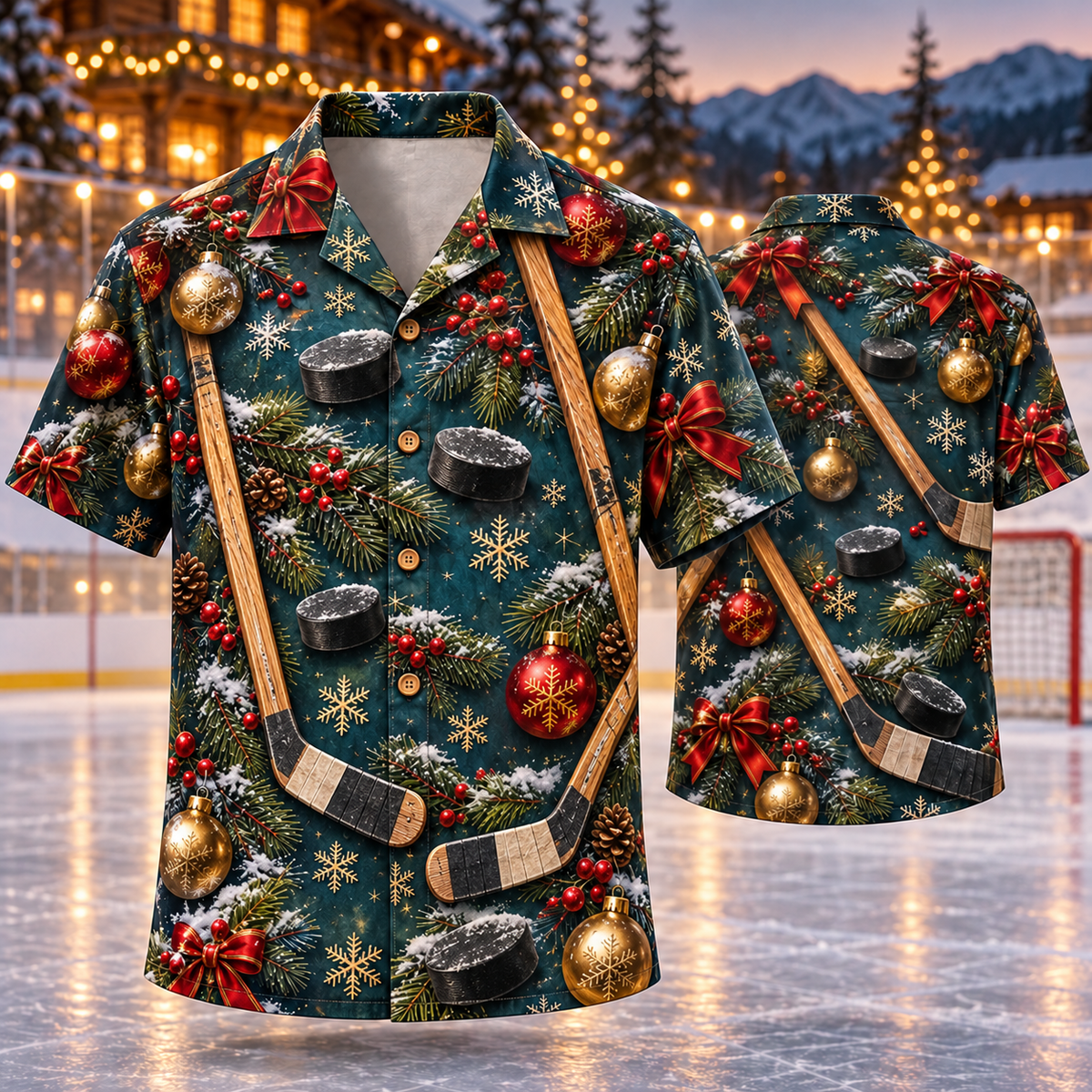 AlohaVero Christmas ice-hockey Hawaiian shirt, front and back views