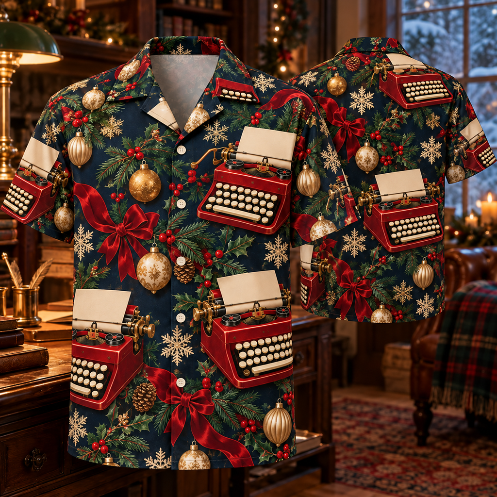 AlohaVero Christmas typewriters Hawaiian shirt, front and back views