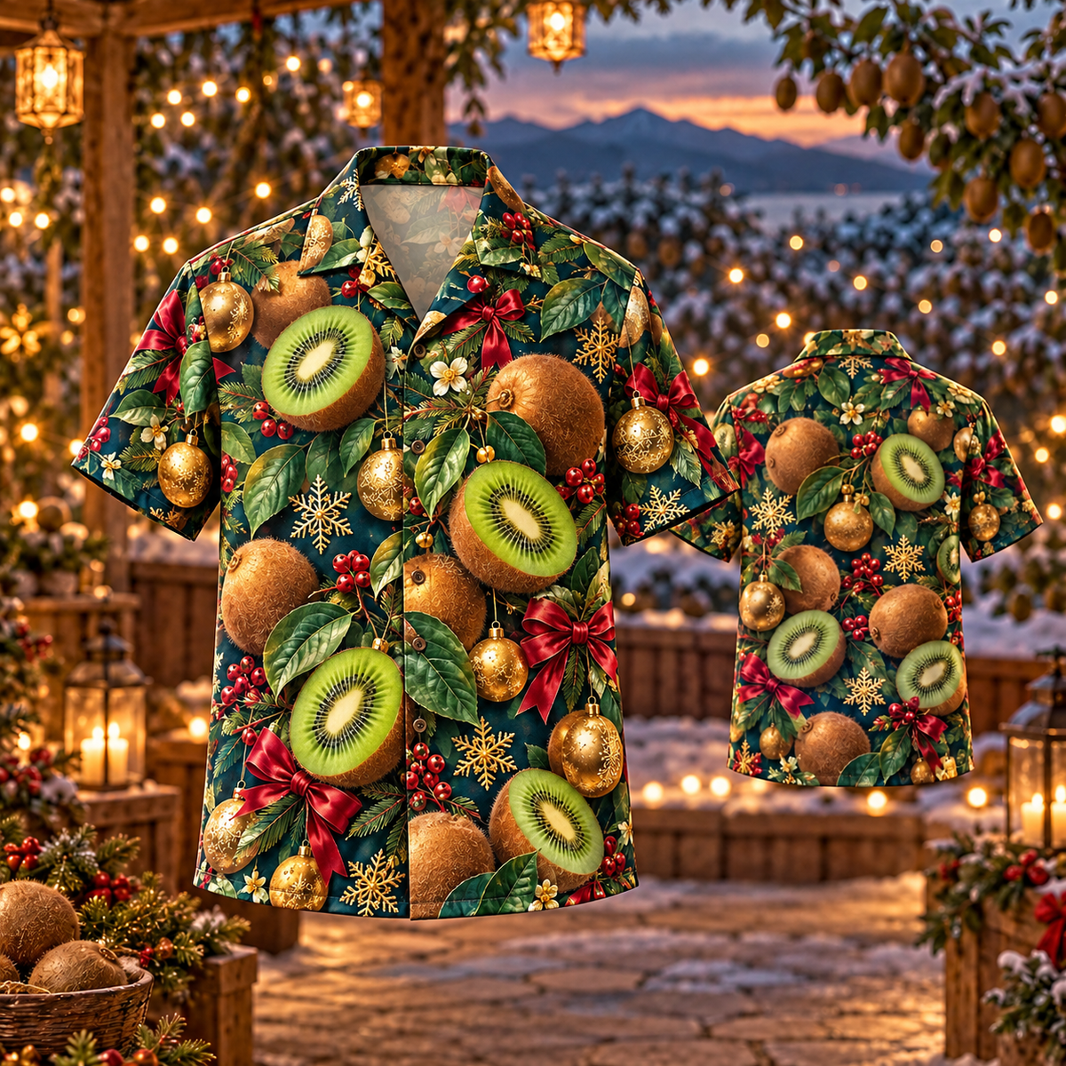 AlohaVero Christmas kiwifruit Hawaiian shirt, front and back views