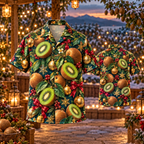 AlohaVero Christmas kiwifruit Hawaiian shirt, front and back views