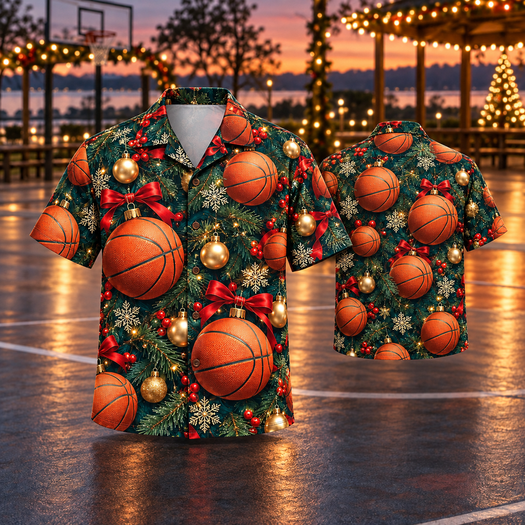 AlohaVero Christmas basketball Hawaiian shirt, front and back views
