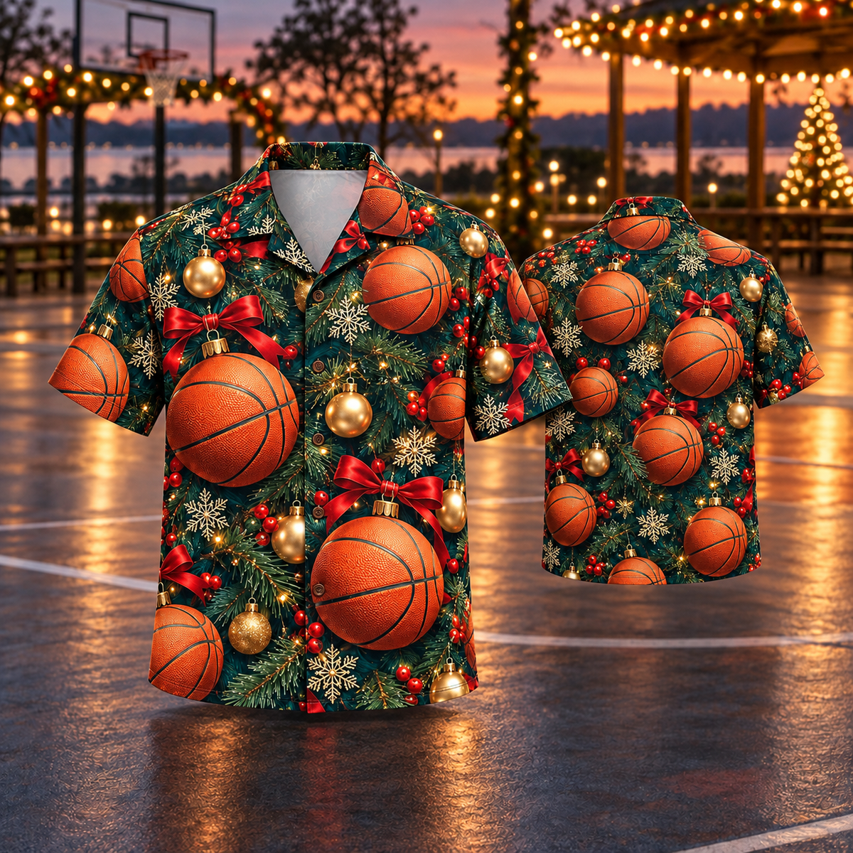 AlohaVero Christmas basketball Hawaiian shirt, front and back views