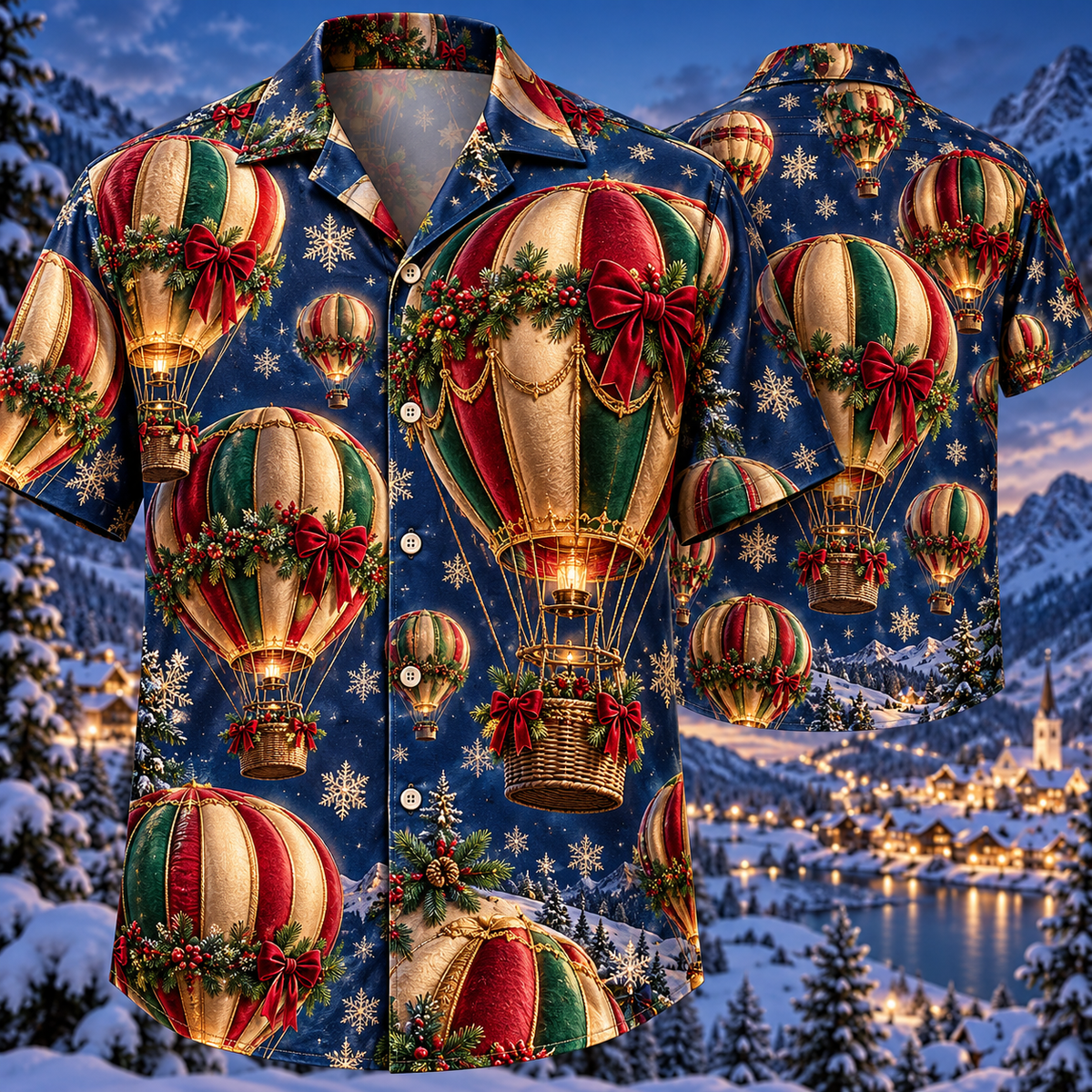 AlohaVero Christmas hot-air-balloons Hawaiian shirt, front and back views