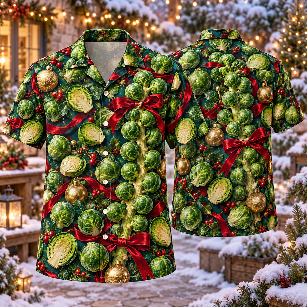 AlohaVero Christmas brussels-sprouts Hawaiian shirt, front and back views