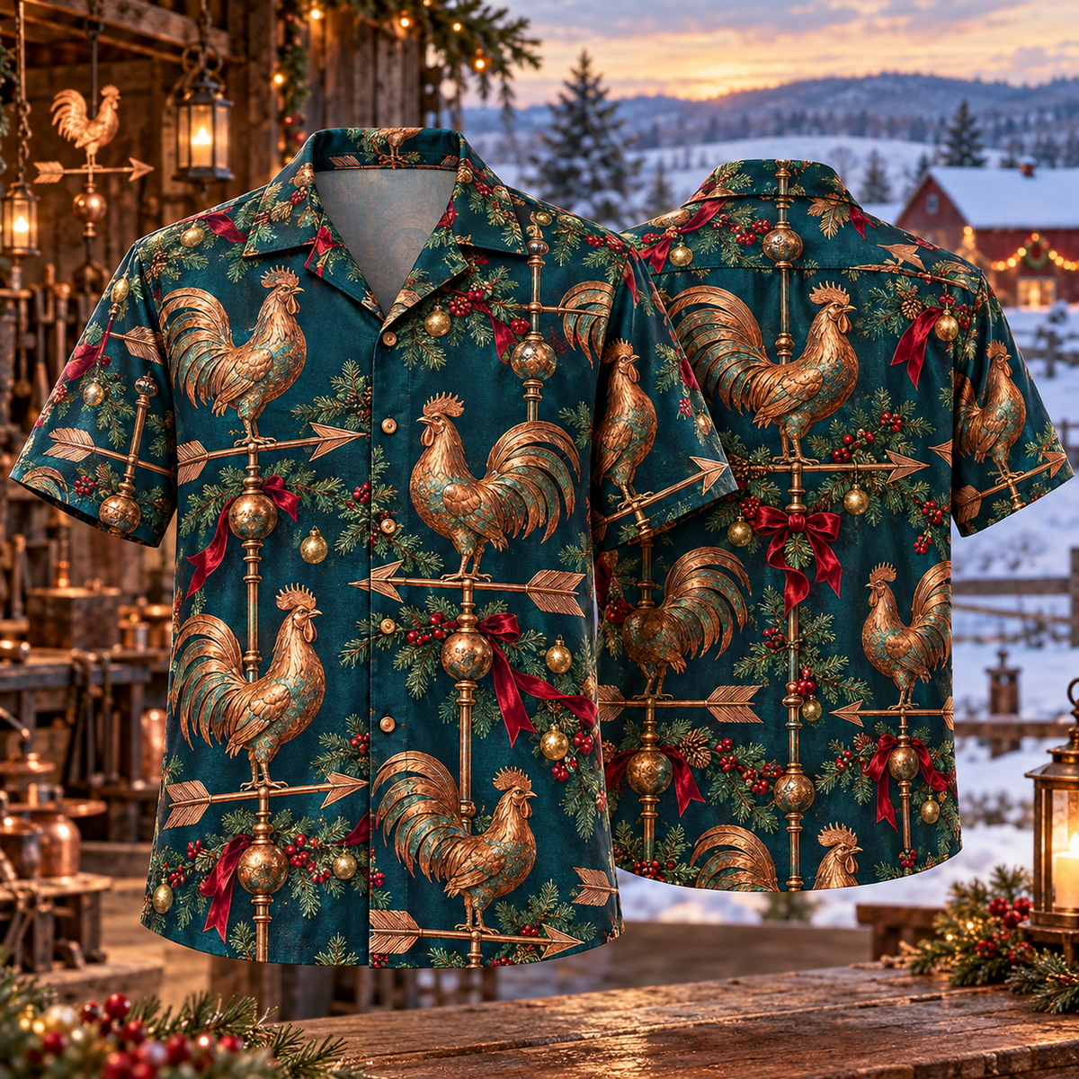 AlohaVero Christmas weather vanes Hawaiian shirt, front and back views