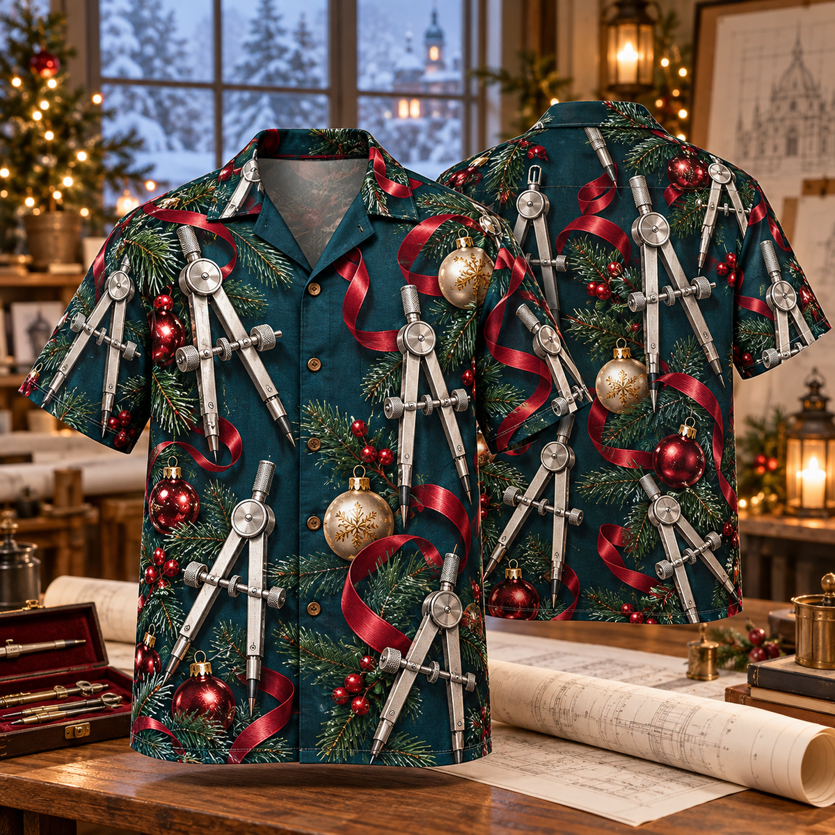 AlohaVero Christmas drafting-compasses Hawaiian shirt, front and back views