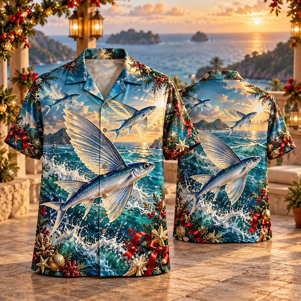 AlohaVero Christmas flying fish Hawaiian shirt, front and back views