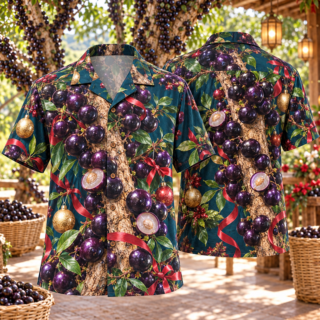 AlohaVero Christmas jabuticabas Hawaiian shirt, front and back views