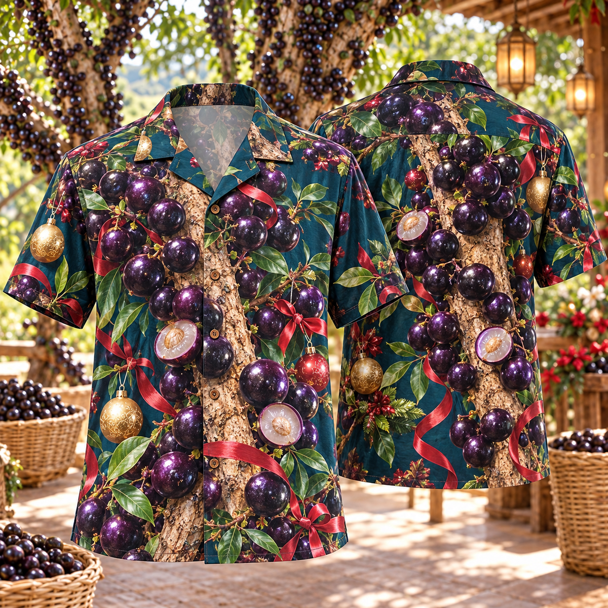 AlohaVero Christmas jabuticabas Hawaiian shirt, front and back views