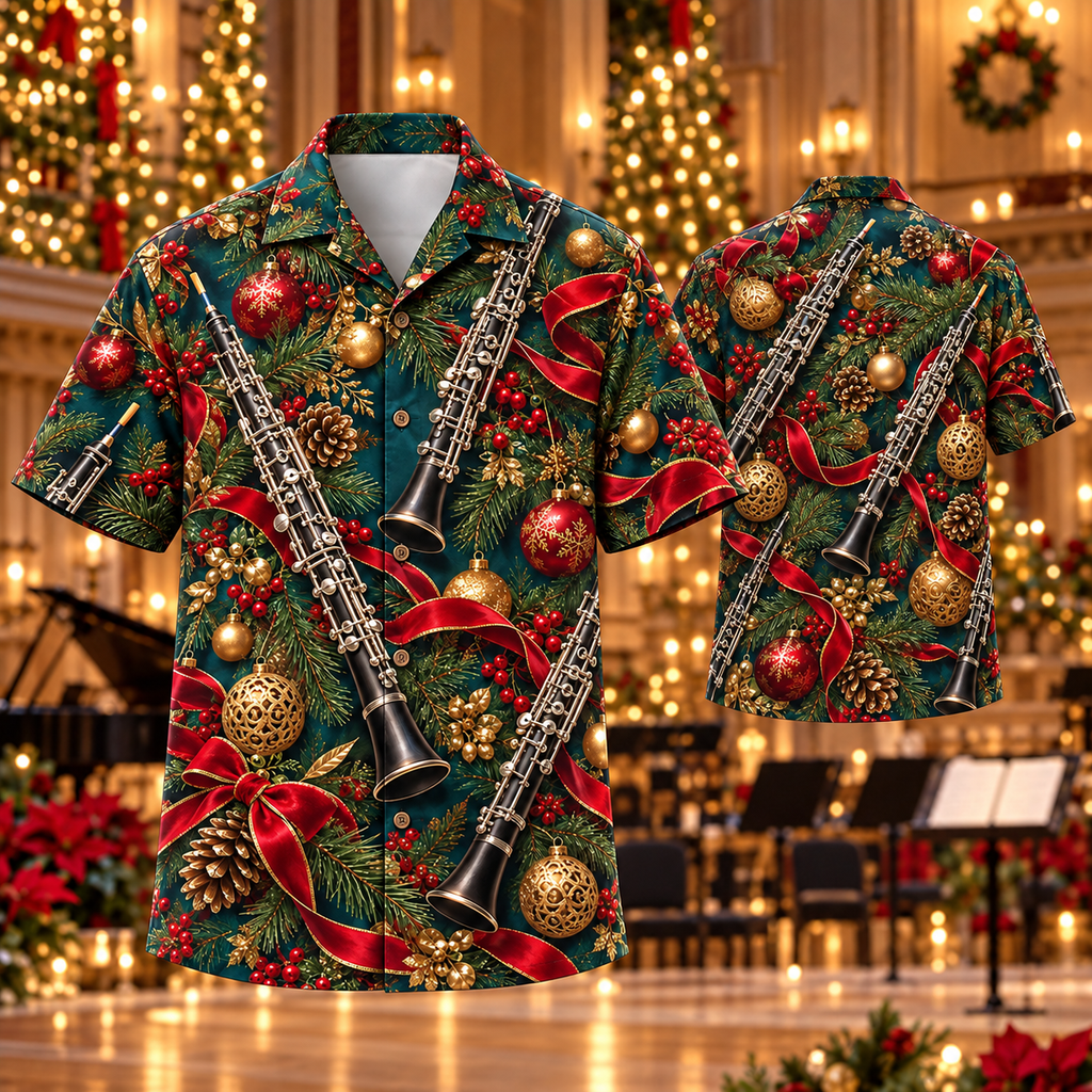 AlohaVero Christmas oboes Hawaiian shirt, front and back views