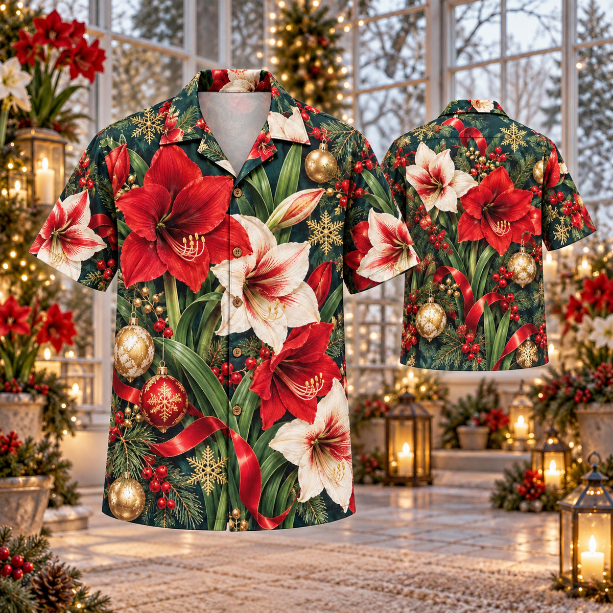 AlohaVero Christmas amaryllis Hawaiian shirt, front and back views