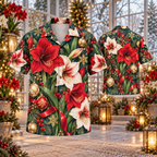 AlohaVero Christmas amaryllis Hawaiian shirt, front and back views