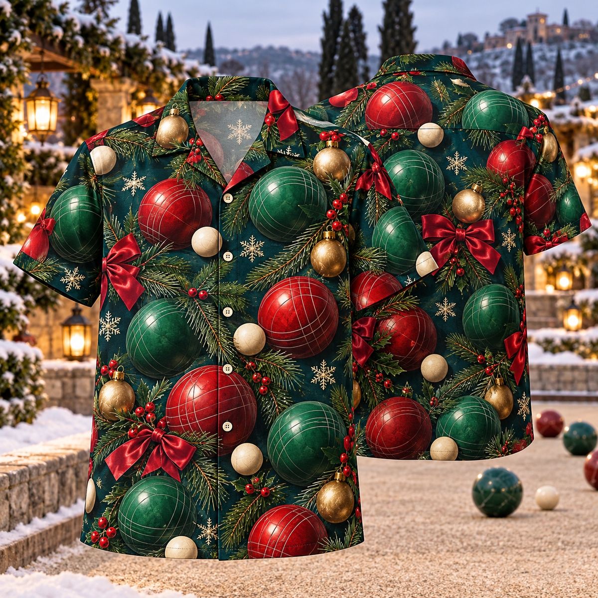 AlohaVero Christmas bocce Hawaiian shirt, front and back views