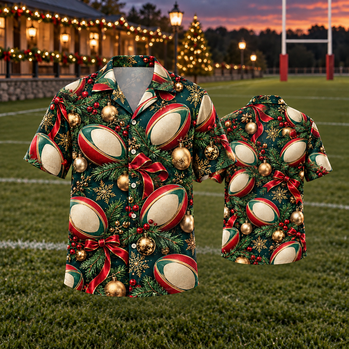 AlohaVero Christmas rugby Hawaiian shirt, front and back views