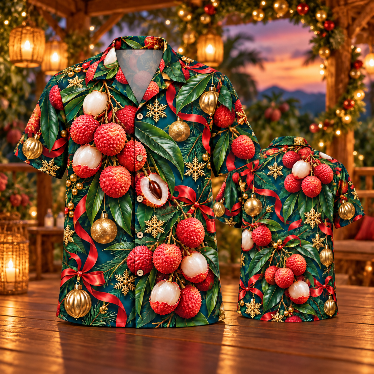AlohaVero Christmas lychees Hawaiian shirt, front and back views