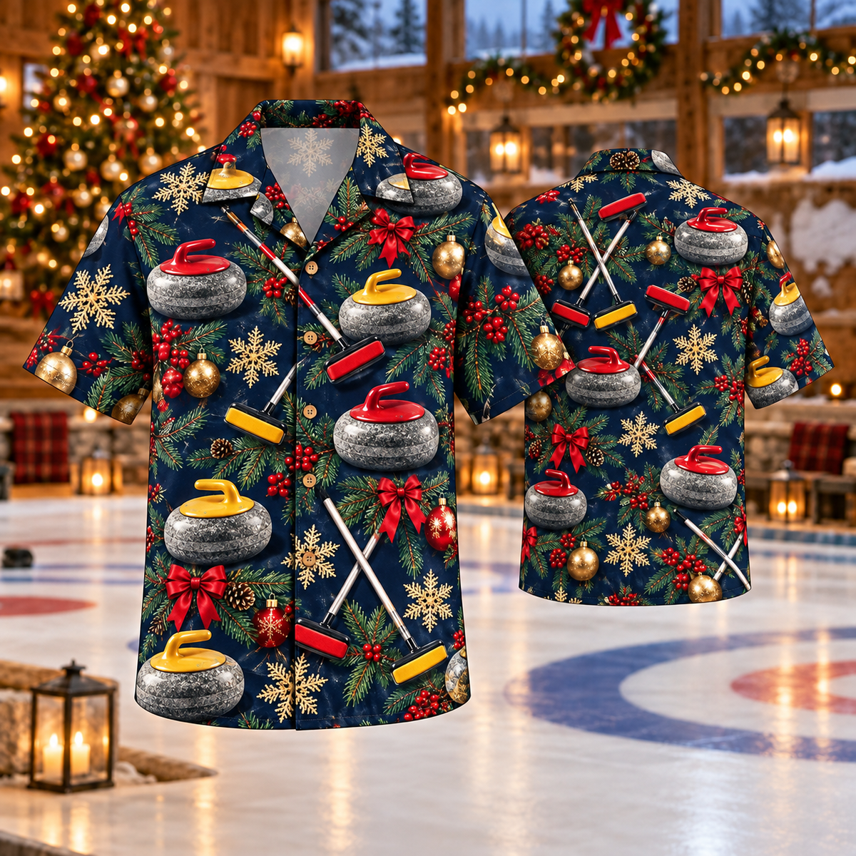 AlohaVero Christmas curling Hawaiian shirt, front and back views