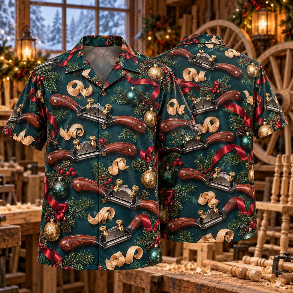 AlohaVero Christmas spokeshaves Hawaiian shirt, front and back views