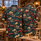 AlohaVero Christmas spokeshaves Hawaiian shirt, front and back views