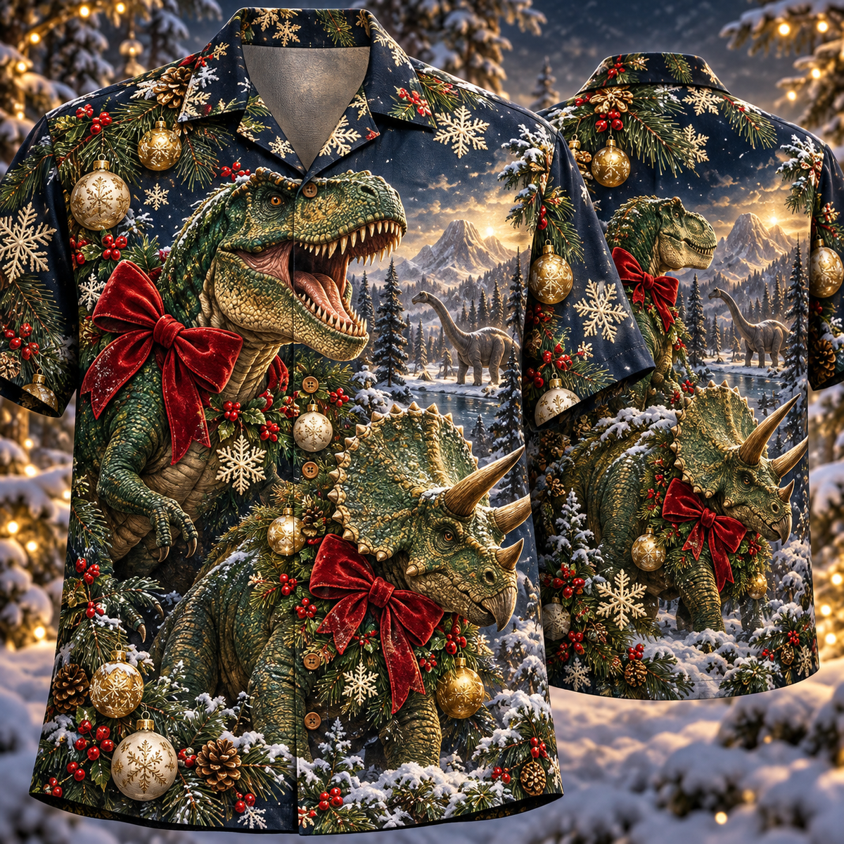 AlohaVero Christmas dinosaurs Hawaiian shirt, front and back views