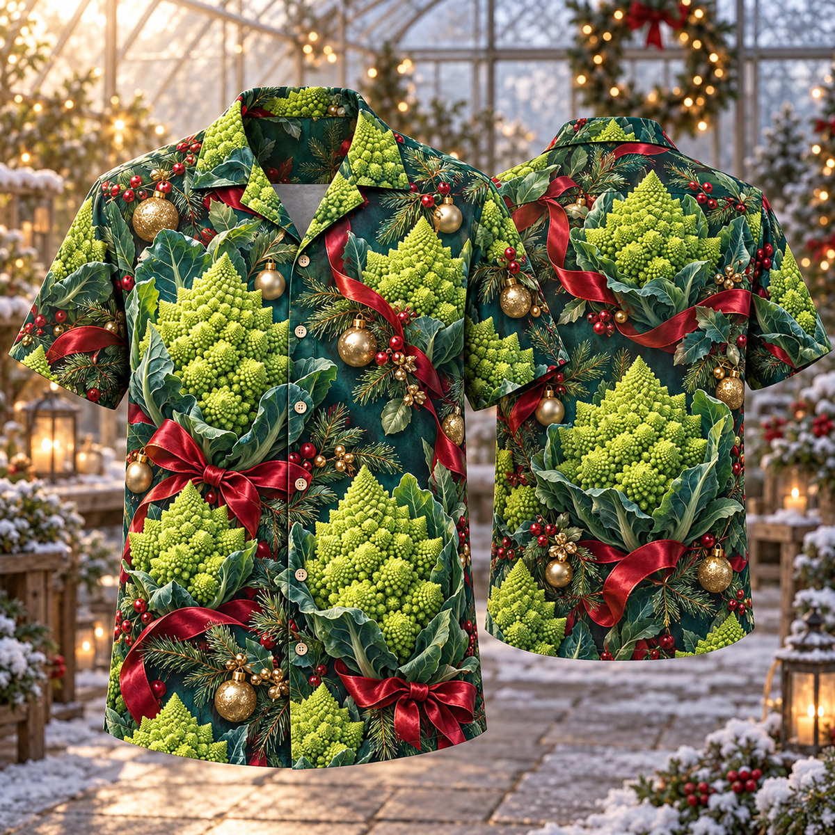 AlohaVero Christmas romanesco Hawaiian shirt, front and back views