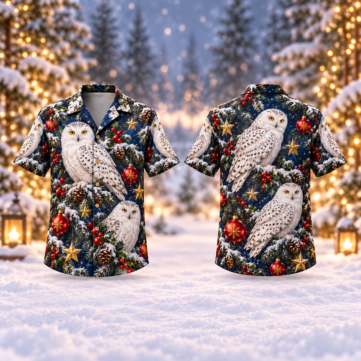 AlohaVero Christmas owls Hawaiian shirt, front and back views